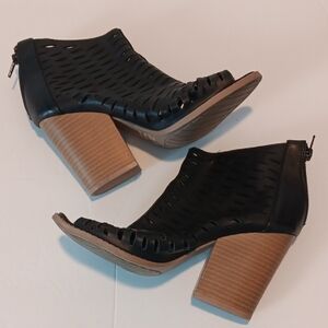 Qupid Black Cutout Heeled Boots with Tan Heel & Peep-toe